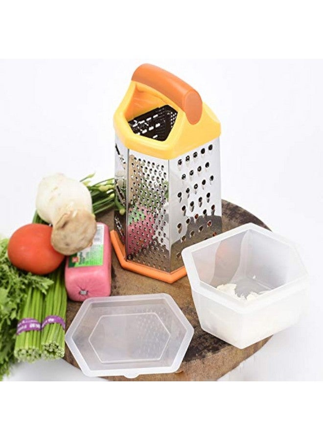 Bagonia Bagonias 6-Sided Multipurpose Stainless Steel Grater, Slicer & Shredder for Vegetables, Cheese & More - Includes Storage Container, Non-Slip Base, Durable, Large (Orange & Silver) - Image 1
