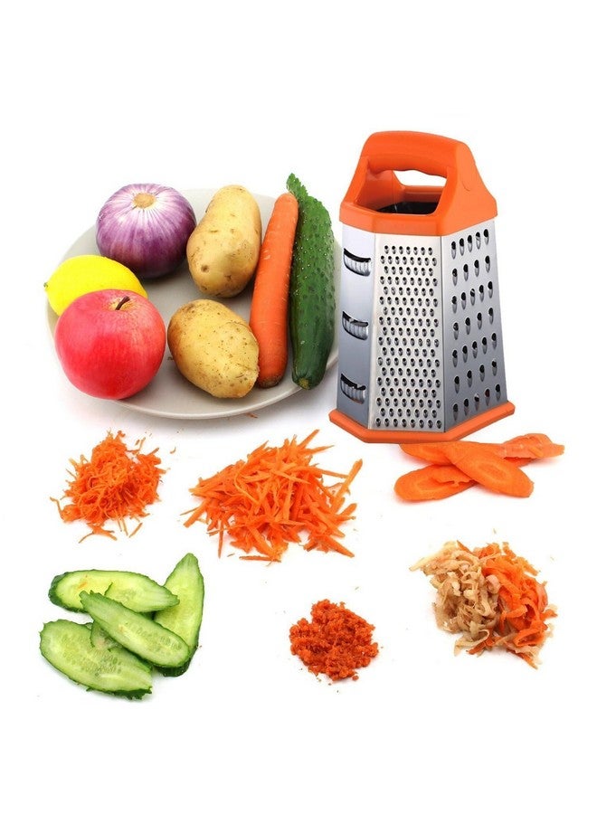 Bagonia Bagonias 6-Sided Multipurpose Stainless Steel Grater, Slicer & Shredder for Vegetables, Cheese & More - Includes Storage Container, Non-Slip Base, Durable, Large (Orange & Silver) - Image 4