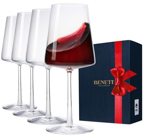 BENETI Wine Glasses Set of 4 | 17oz Handmade Luxury Crystal Red & White Long Stem Glass | Unique Modern Shape, Packaged In Beautiful Gift Box - Image 1