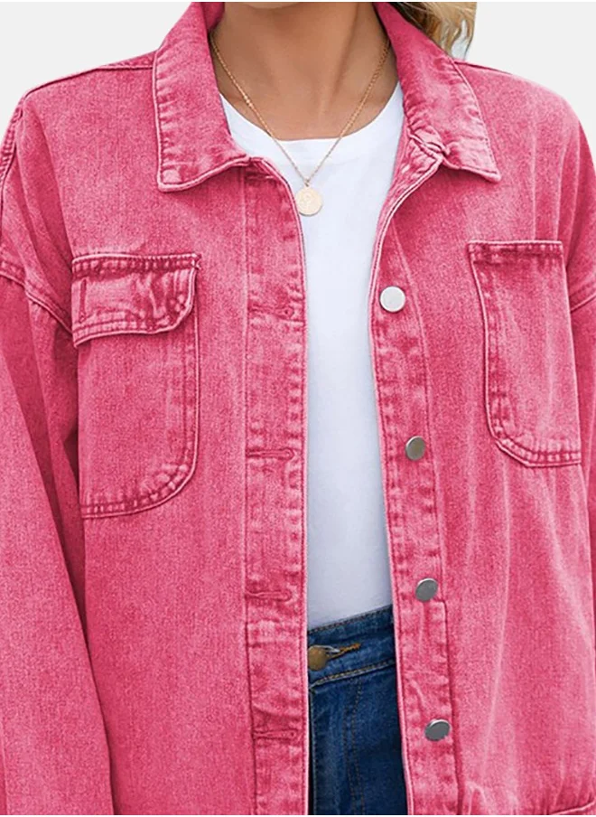 يونيكي Pink Collared Long Sleeve Denim Jacket