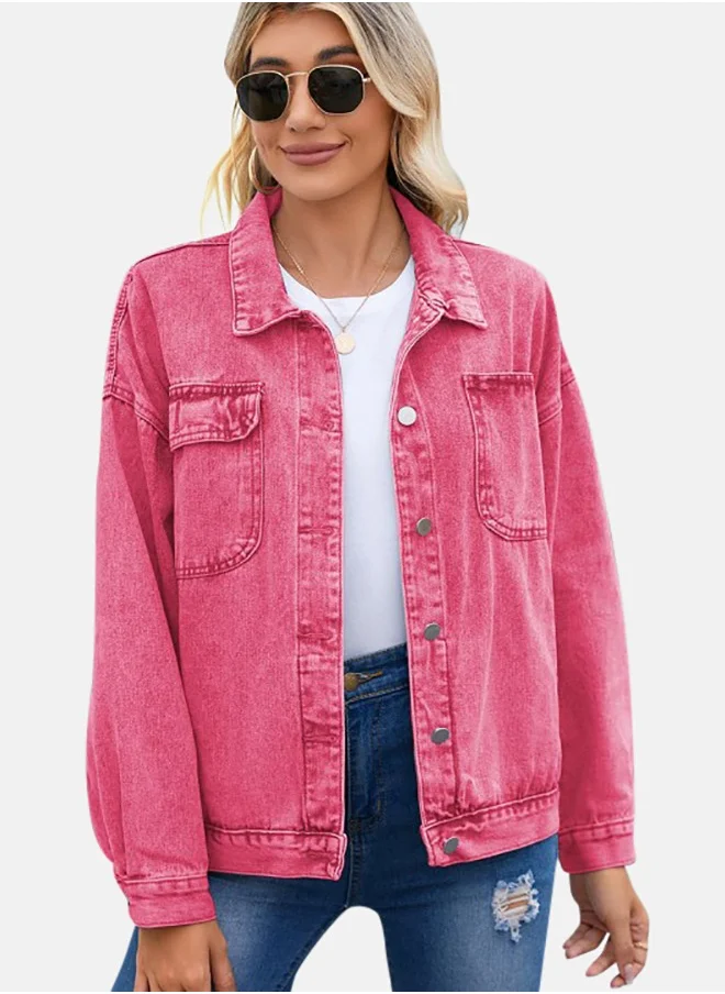 يونيكي Pink Collared Long Sleeve Denim Jacket