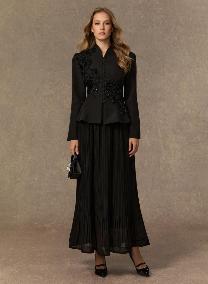 Sunfere Graceful Arrival Black Lace Embroidered Jacket & Pleated Skirt Set