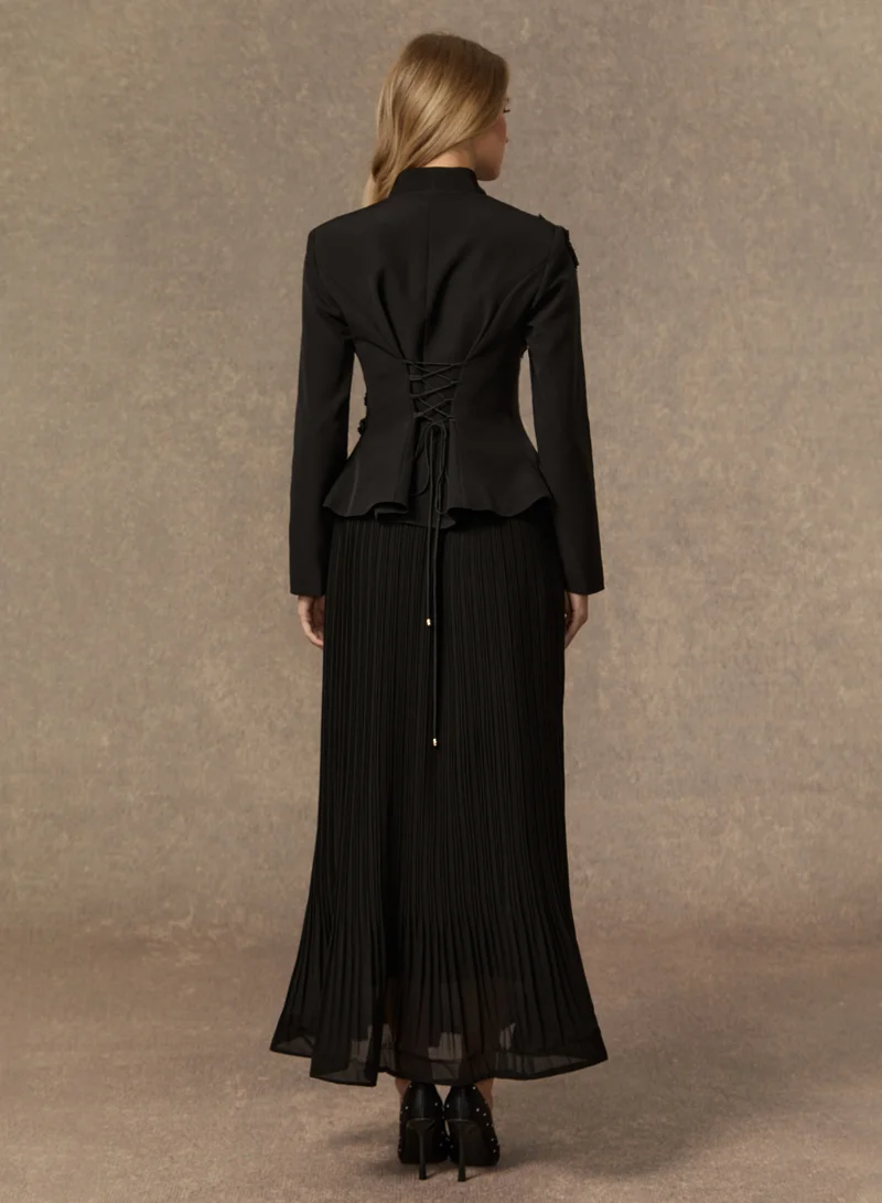 Sunfere Black Graceful Arrival Black Lace Embroidered Jacket & Pleated Skirt Set for Women | Best Price UAE