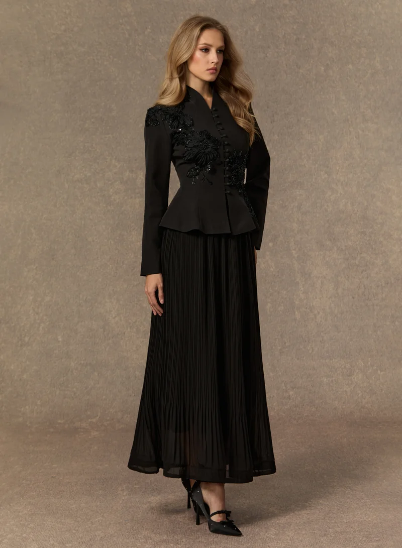 Sunfere Graceful Arrival Black Lace Embroidered Jacket & Pleated Skirt Set