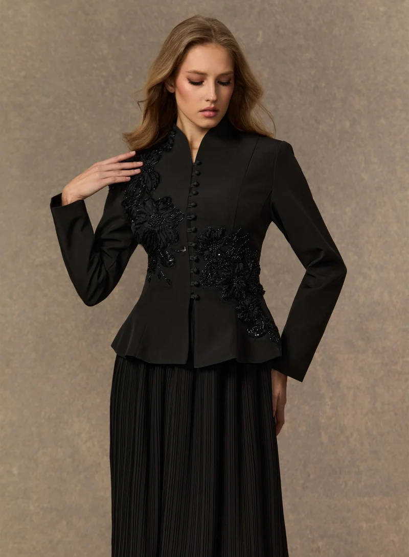 Sunfere Black Graceful Arrival Black Lace Embroidered Jacket & Pleated Skirt Set for Women | Best Price UAE