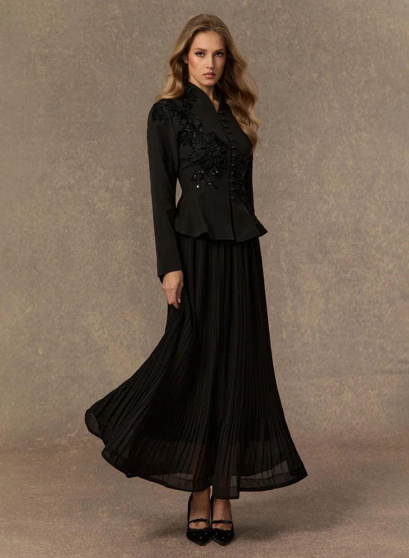 Sunfere Black Graceful Arrival Black Lace Embroidered Jacket & Pleated Skirt Set for Women | Best Price UAE