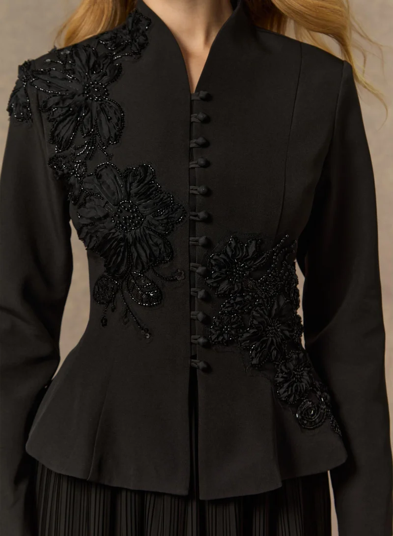 Sunfere Black Graceful Arrival Black Lace Embroidered Jacket & Pleated Skirt Set for Women | Best Price UAE