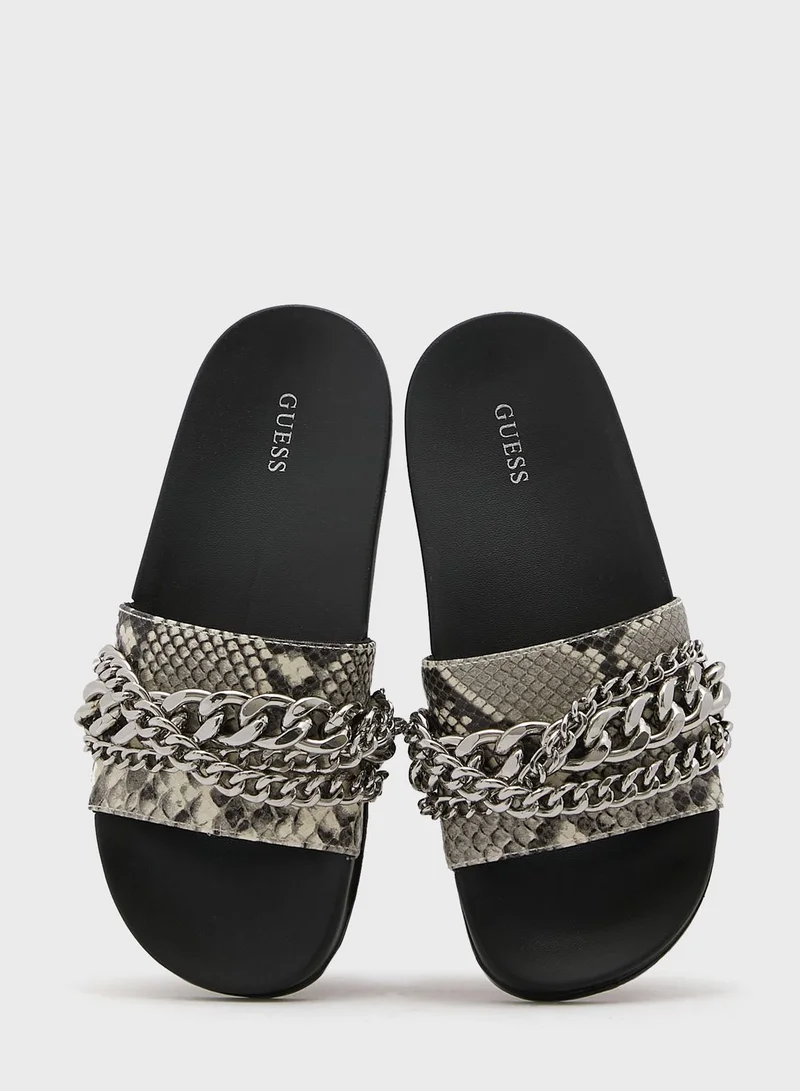 GUESS Salema 2 Chain Tweed Pool Slides
