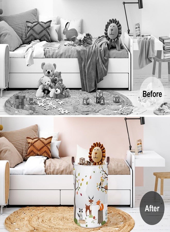 Clastyle 45L Woodland Animals Laundry Basket Collapsible Waterproof Forest Fox Storage Basket with Handle Kids Room Jungle Deer Laundry Hamper with Drawstring, 14 * 17.7 in - Image 2