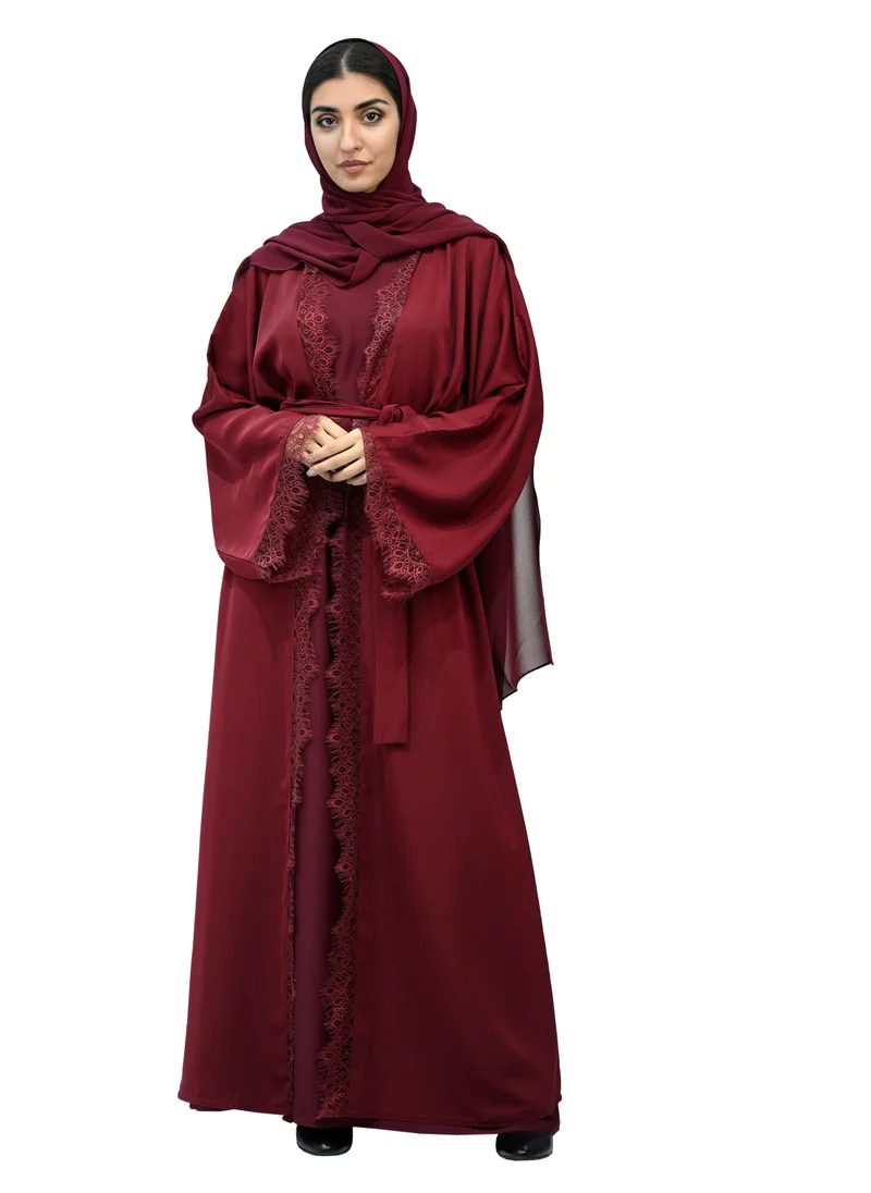 النخبة Burgundy Lace abaya with belt & Hijab-694