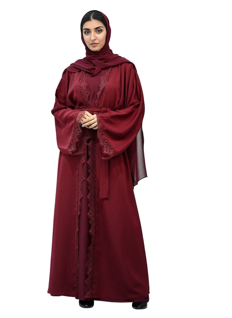 NUKHBAA Burgundy Lace abaya with belt & Hijab-694 - Image 1