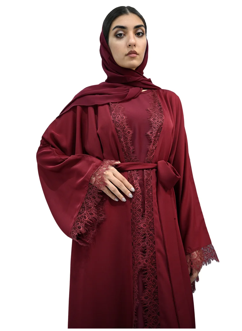 النخبة Burgundy Lace abaya with belt & Hijab-694
