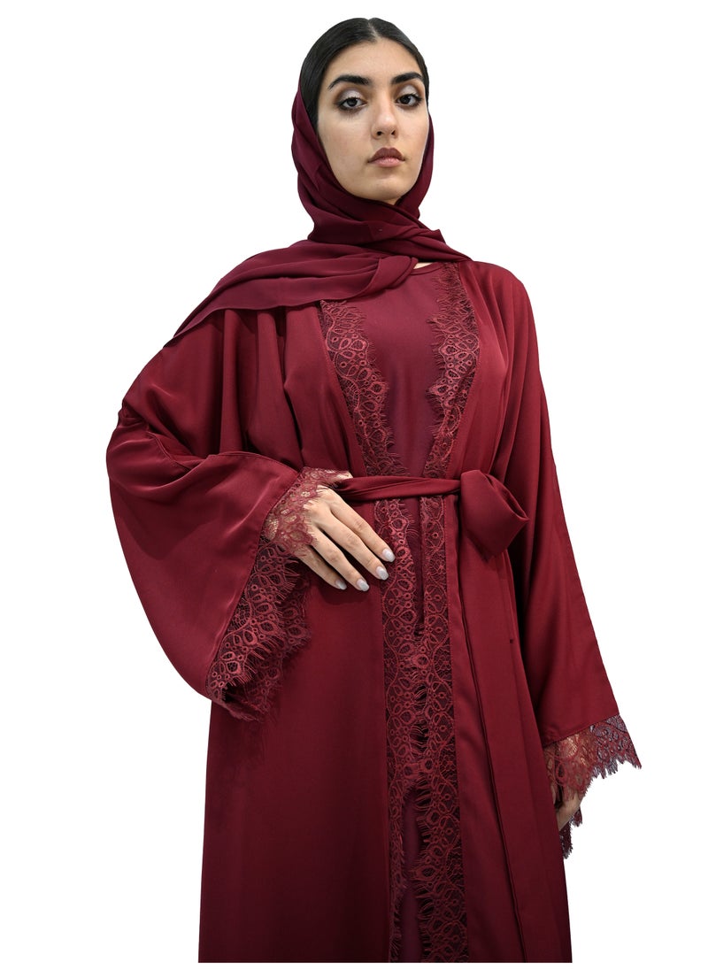NUKHBAA Burgundy Lace abaya with belt & Hijab-694 - Image 2