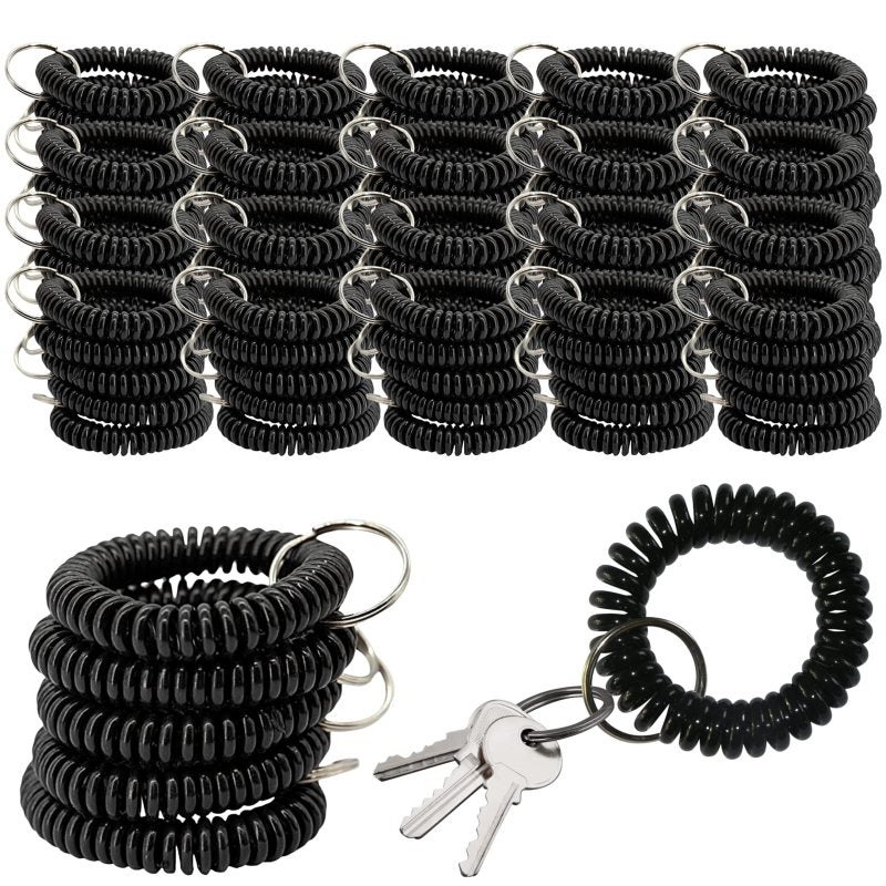 Spiral Keychain Bracelet 100 Black Pcs Convenient Elastic Design - Durable Plastic Spring Ring Spiral Accessory for Gym Pool Daily On-the-Go Use - Image 1