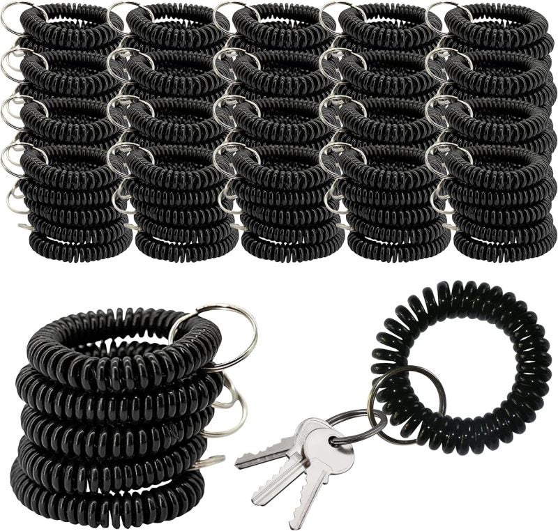 Spiral Keychain Bracelet 100 Black Pcs Convenient Elastic Design - Durable Plastic Spring Ring Spiral Accessory for Gym Pool Daily On-the-Go Use - Image 2