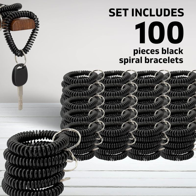 Spiral Keychain Bracelet 100 Black Pcs Convenient Elastic Design - Durable Plastic Spring Ring Spiral Accessory for Gym Pool Daily On-the-Go Use - Image 3