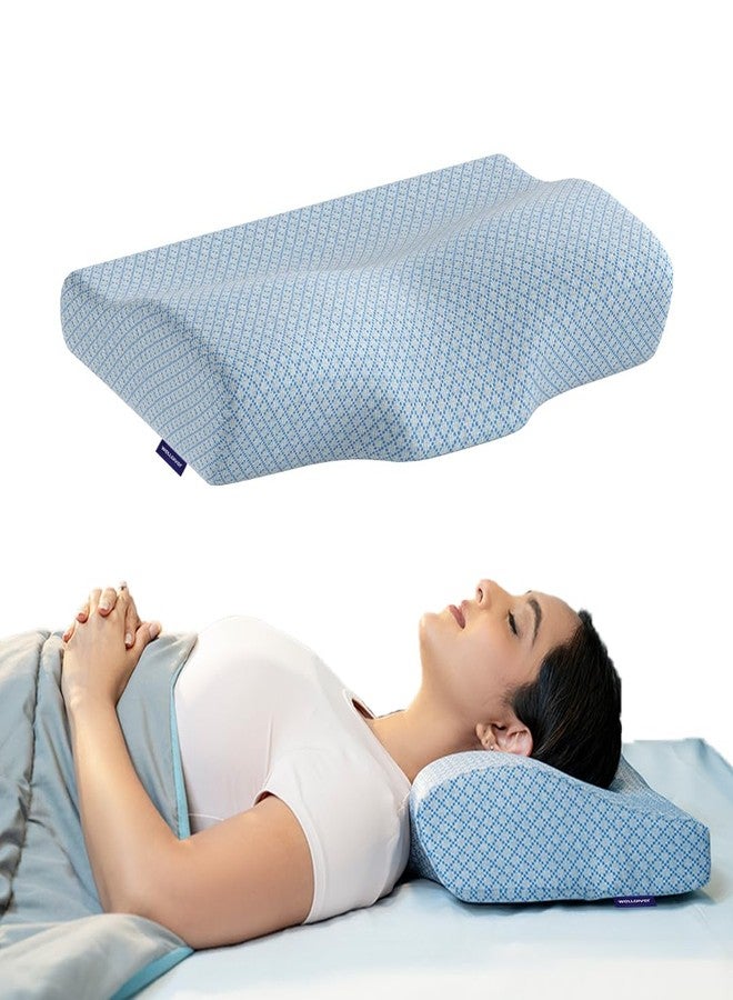WELLGIVER Cervical Memory Foam Pillow for Neck Pain | 2 Year Warranty | 19 x 11 x 4 Inch Standard | Orthopedic Pillow Spondylitis Neck & Shoulder Pain | Washable Jacquard Blue Cover | Pack of 1 - Image 1