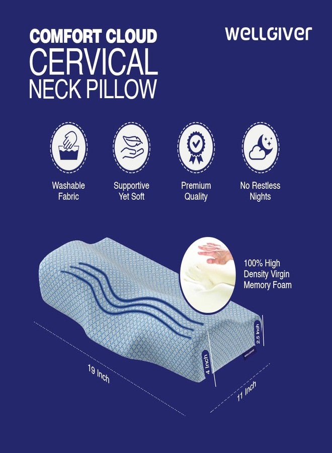 WELLGIVER Cervical Memory Foam Pillow for Neck Pain | 2 Year Warranty | 19 x 11 x 4 Inch Standard | Orthopedic Pillow Spondylitis Neck & Shoulder Pain | Washable Jacquard Blue Cover | Pack of 1 - Image 2
