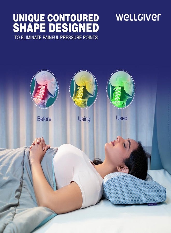 WELLGIVER Cervical Memory Foam Pillow for Neck Pain | 2 Year Warranty | 19 x 11 x 4 Inch Standard | Orthopedic Pillow Spondylitis Neck & Shoulder Pain | Washable Jacquard Blue Cover | Pack of 1 - Image 4