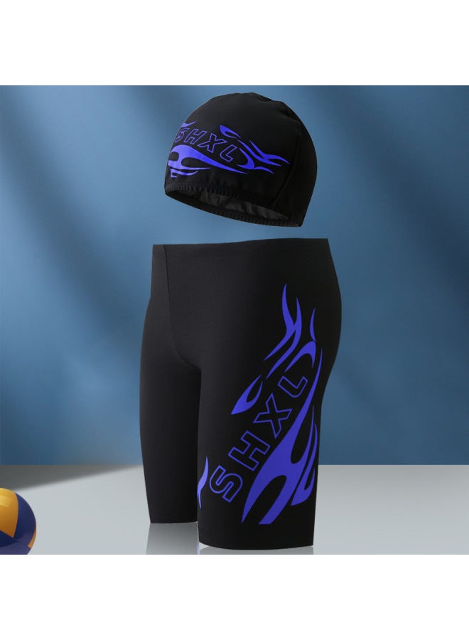 Loquat Children's Swimming Trunks Boys Five-point Boxer Swimming Trunks Hot Spring Large Size Swimsuit Teenagers Swimming Equipment Swimming Cap Wholesale-Color:9602-1 Blue Fire Pants + Swimming Cap- - Image 1