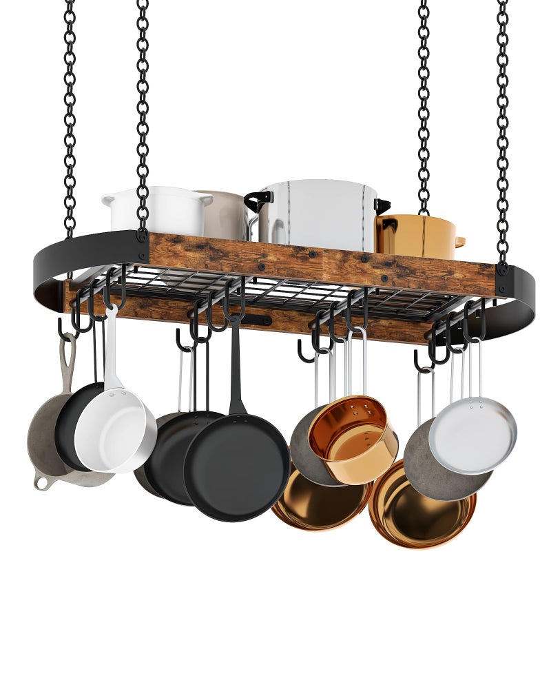 CHOEZON 31.7-Inch Hanging Pot Rack, Space-Saving Pot Hanger for Kitchen, Ceiling Pan Hanging Rack with 16 Detachable S Hooks, Sturdy Metal Frame, Industrial Style, Rustic Brown and Black TPR09BF - Image 1