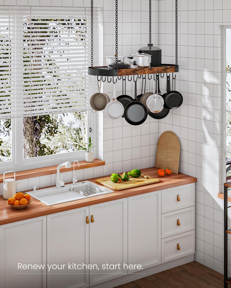 CHOEZON 31.7-Inch Hanging Pot Rack, Space-Saving Pot Hanger for Kitchen, Ceiling Pan Hanging Rack with 16 Detachable S Hooks, Sturdy Metal Frame, Industrial Style, Rustic Brown and Black TPR09BF - Image 3