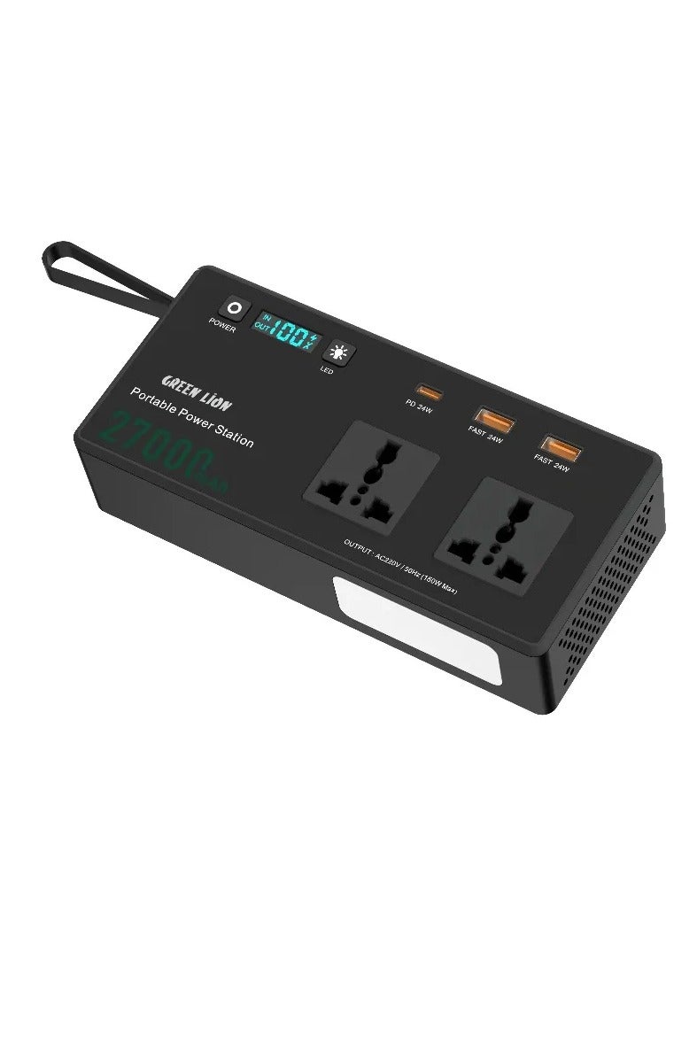 GREEN LION Volt Mate 27000mAh Power Station with Multiple Protection & Cooling Fan / PD 60w USB C Cable / Brightness  75 lm /  Carry Strap / Digital Display / 2 Universal Sockets / 150w AC Output - Black - Image 3
