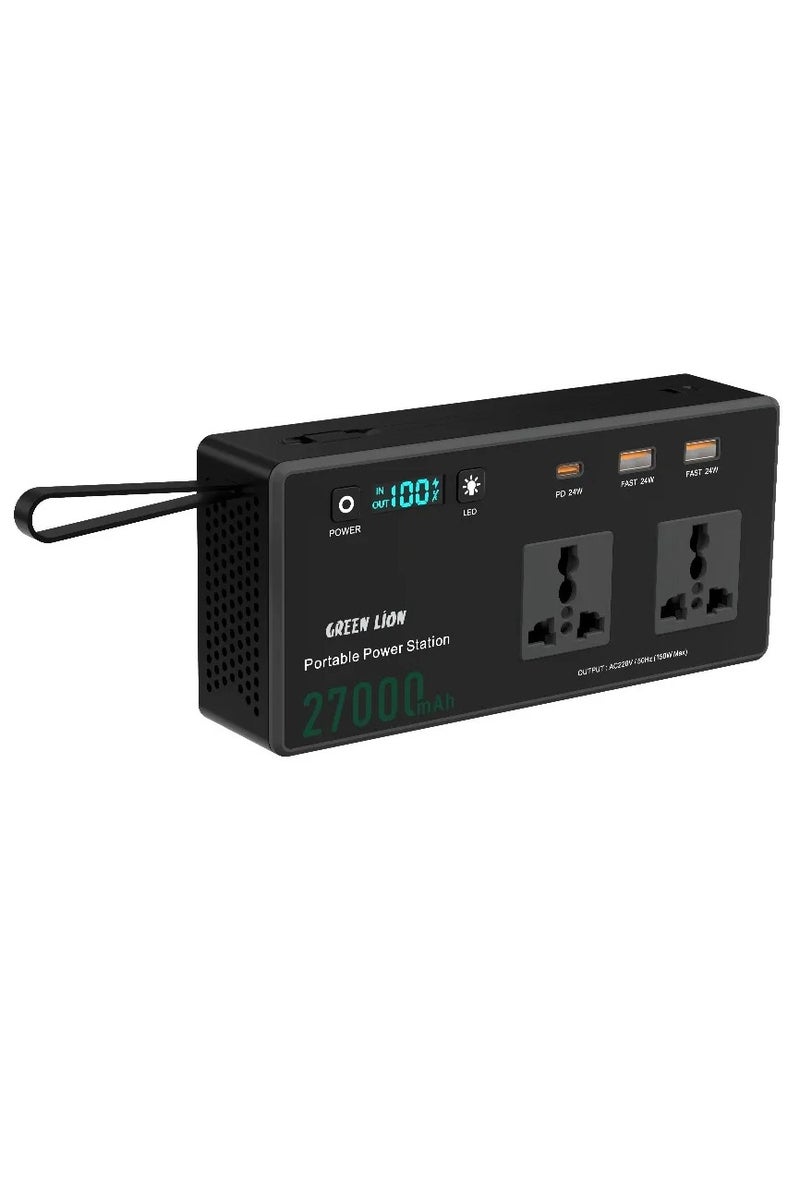 GREEN LION Volt Mate 27000mAh Power Station with Multiple Protection & Cooling Fan / PD 60w USB C Cable / Brightness  75 lm /  Carry Strap / Digital Display / 2 Universal Sockets / 150w AC Output - Black - Image 1
