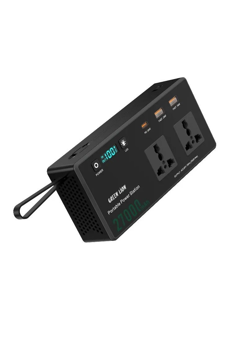GREEN LION Volt Mate 27000mAh Power Station with Multiple Protection & Cooling Fan / PD 60w USB C Cable / Brightness  75 lm /  Carry Strap / Digital Display / 2 Universal Sockets / 150w AC Output - Black - Image 2