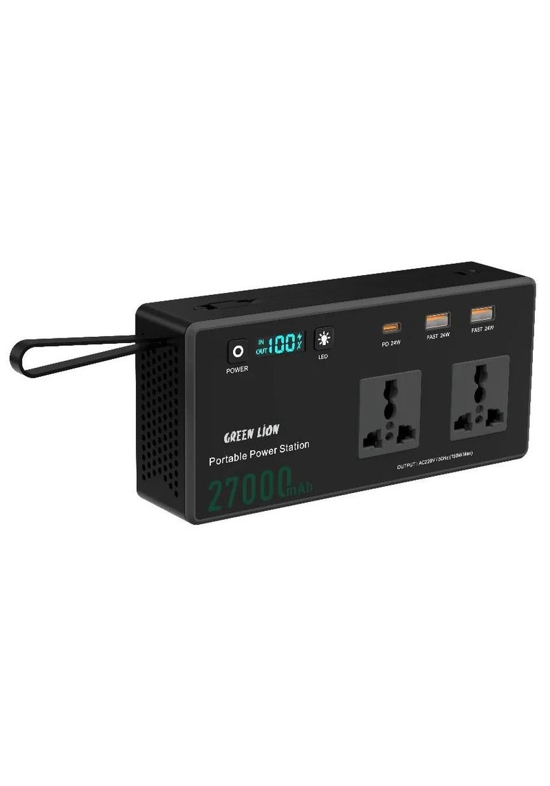 GREEN LION Volt Mate 27000mAh Power Station with Multiple Protection & Cooling Fan / PD 60w USB C Cable / Brightness  75 lm /  Carry Strap / Digital Display / 2 Universal Sockets / 150w AC Output - Black - Image 1