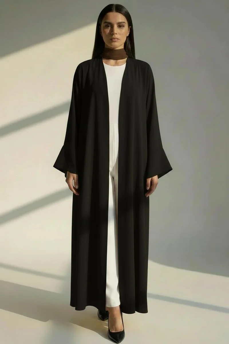 أم سكوير فاشن Black Open Abaya with Bell Sleeves, Lightweight Everyday Style