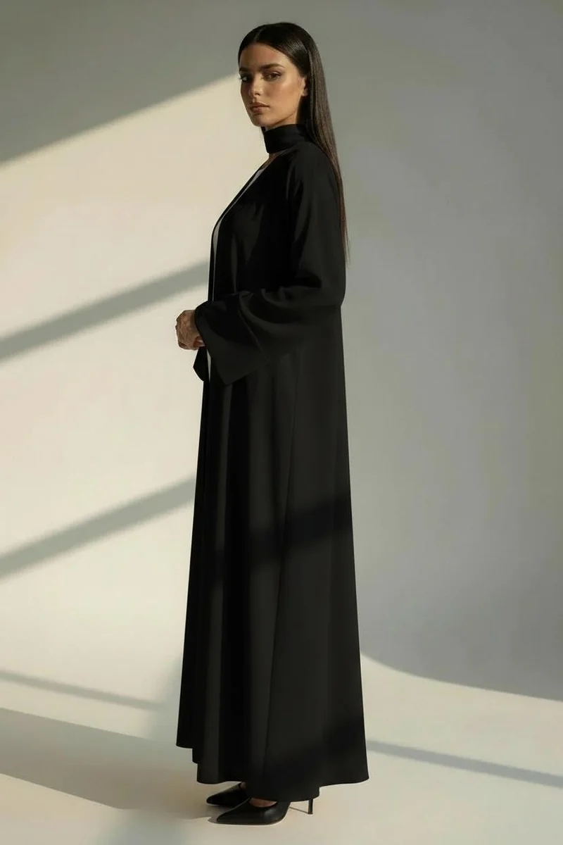أم سكوير فاشن Black Open Abaya with Bell Sleeves, Lightweight Everyday Style