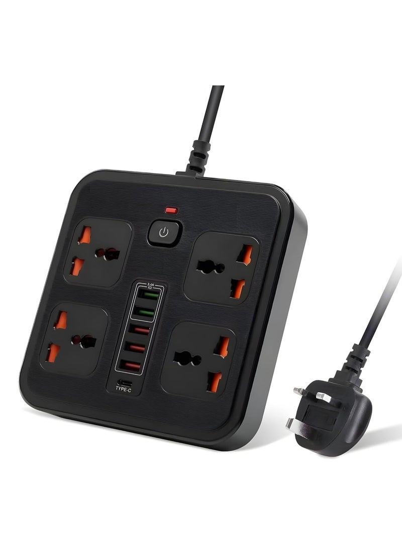 WECOM Universal Power Strip Extension Cord with 4 Outlets 5 USB Ports and Type-C Port, 3000W Rated Power with 2 Meters Surge Protection Cable Extension, Black  - Image 1