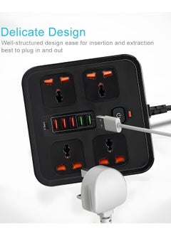 WECOM Universal Power Strip Extension Cord with 4 Outlets 5 USB Ports and Type-C Port, 3000W Rated Power with 2 Meters Surge Protection Cable Extension, Black  - Image 2