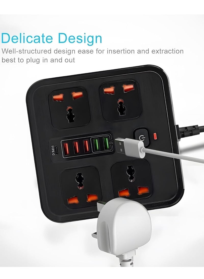 WECOM Universal Power Strip Extension Cord with 4 Outlets 5 USB Ports and Type-C Port, 3000W Rated Power with 2 Meters Surge Protection Cable Extension, Black  - Image 2