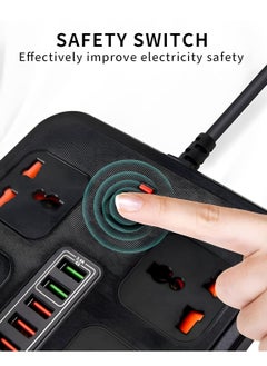 WECOM Universal Power Strip Extension Cord with 4 Outlets 5 USB Ports and Type-C Port, 3000W Rated Power with 2 Meters Surge Protection Cable Extension, Black  - Image 4