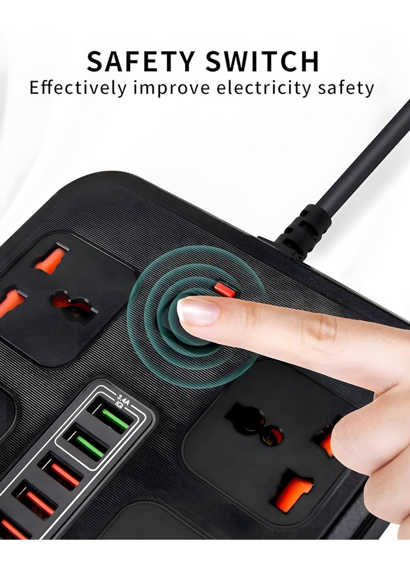 WECOM Universal Power Strip Extension Cord with 4 Outlets 5 USB Ports and Type-C Port, 3000W Rated Power with 2 Meters Surge Protection Cable Extension, Black  - Image 4