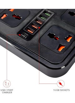 WECOM Universal Power Strip Extension Cord with 4 Outlets 5 USB Ports and Type-C Port, 3000W Rated Power with 2 Meters Surge Protection Cable Extension, Black  - Image 5