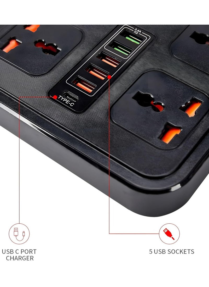 WECOM Universal Power Strip Extension Cord with 4 Outlets 5 USB Ports and Type-C Port, 3000W Rated Power with 2 Meters Surge Protection Cable Extension, Black  - Image 5