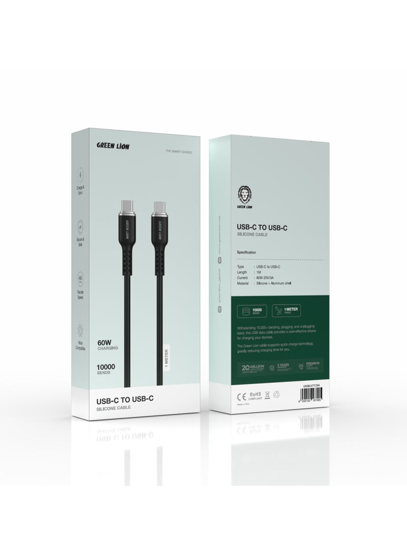 GREEN LION USB-C TO USB-C Silicone Cable / 60W Current / High Transfer Speed / Secure & Safe / Charge & Sync / 10,000 Bends / Wide Compatible / Long Length Cable - Black - Image 2