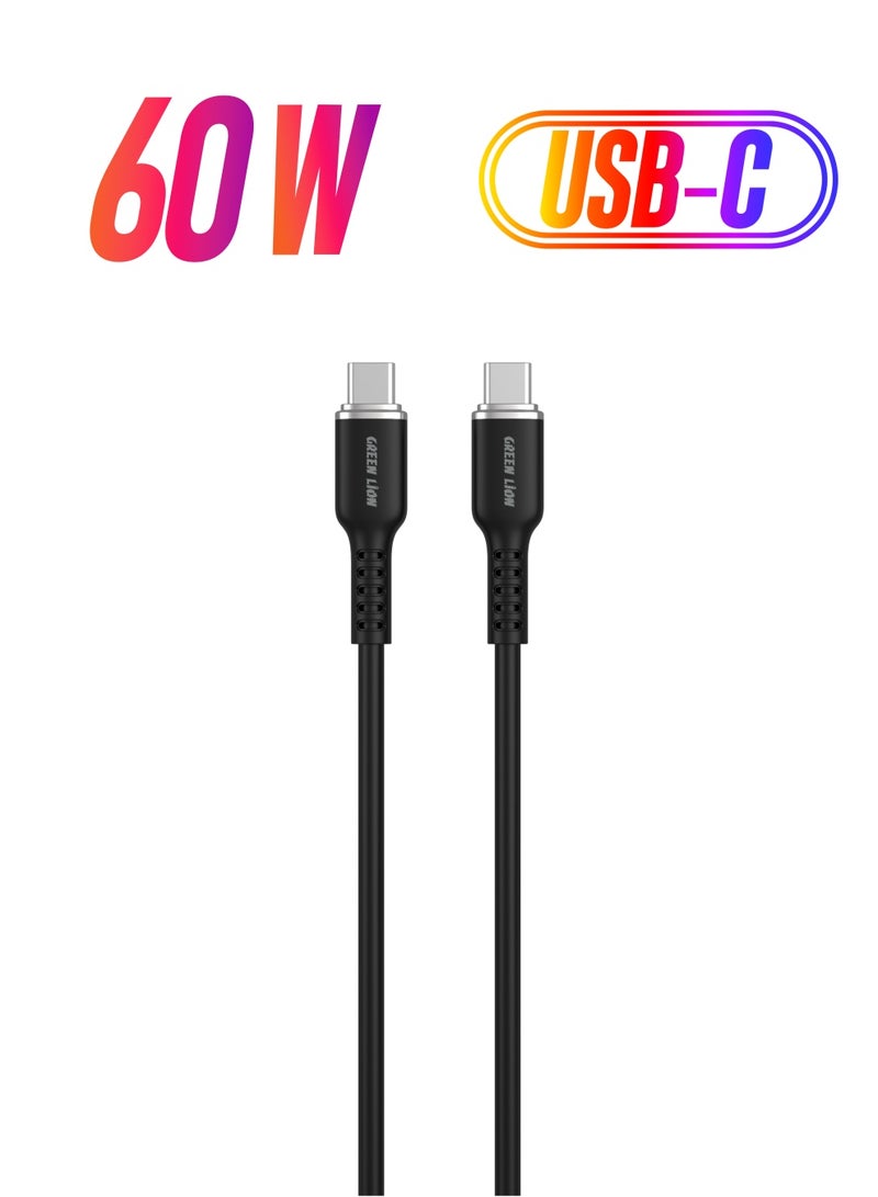 GREEN LION USB-C TO USB-C Silicone Cable / 60W Current / High Transfer Speed / Secure & Safe / Charge & Sync / 10,000 Bends / Wide Compatible / Long Length Cable - Black - Image 1
