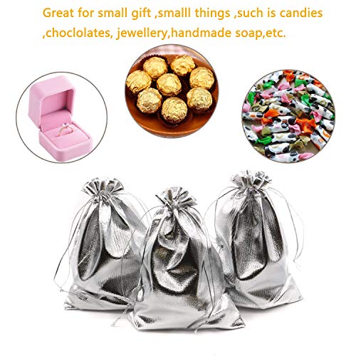 BEAVOING Pack of 100 5x 7 Heavy Duty Silver Drawstring Organza Jewelry Pouches Wedding Party Christmas Favor Gift Candy Chocolate Bags Silver 5x 7 - Image 5