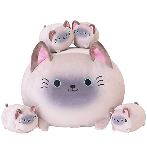 SQEQE Siamese Cat Plush Cute Stuffed Animals Mommy with 4 Squishy Kitties Soft Plush Pillow Gifts for Kids - Image 1