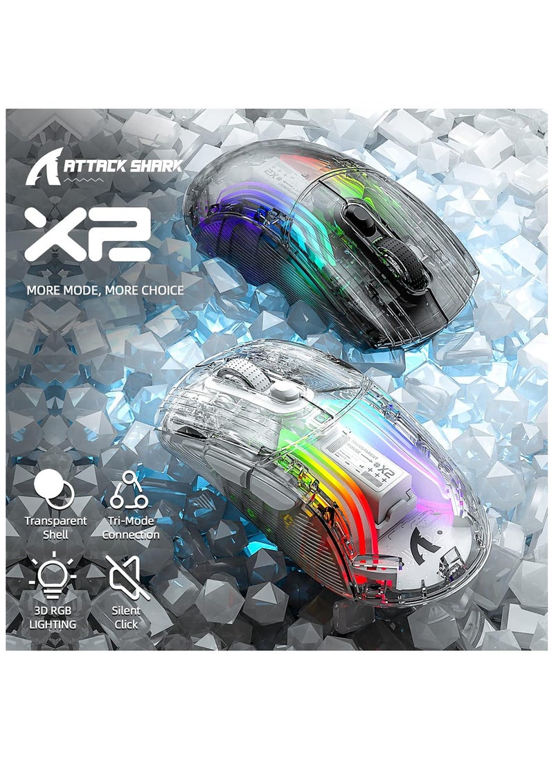 Attack Shark - X2 Wireless Gaming Mouse, Tri-Mode Wireless Mouse-2.4Ghz/Bluetooth 5.0/USB C Wired, Ergonomic PC Gaming Mice with Transparent Shell-PixArt 3212-RGB Backlit-Silent Click for Win/MAC, White - Image 1