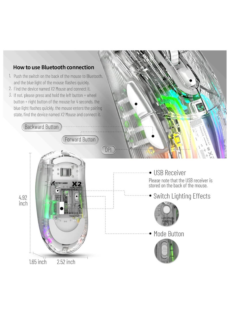 Attack Shark - X2 Wireless Gaming Mouse, Tri-Mode Wireless Mouse-2.4Ghz/Bluetooth 5.0/USB C Wired, Ergonomic PC Gaming Mice with Transparent Shell-PixArt 3212-RGB Backlit-Silent Click for Win/MAC, White - Image 1