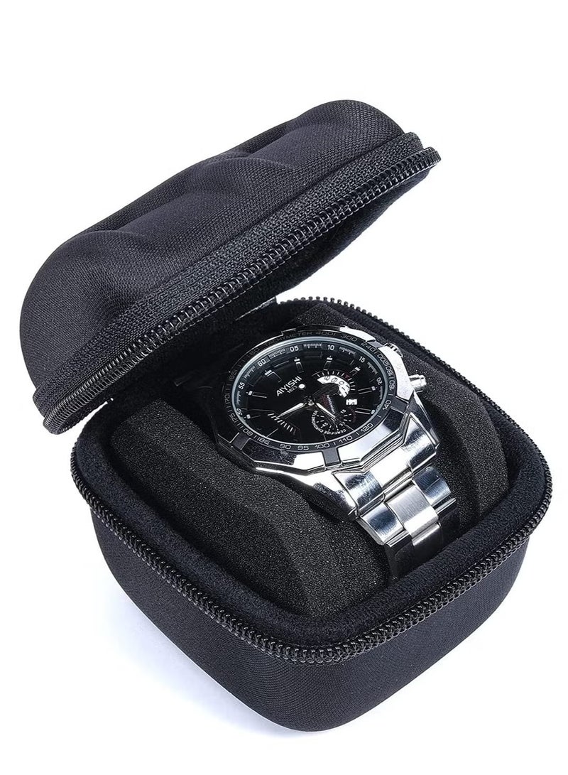 إيليلي حافظة سفر للساعات، حافظة لفافات ساعات ومنظم للرجال والنساء، صندوق ساعات بسحاب مع وسادة ساعات مضادة للحركة، أسود، فتحة واحدة - Image 3