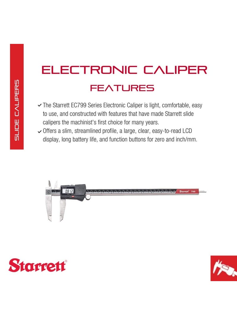 Starrett Starrett Stainless Steel Electronic Slide Caliper  012 Range 0005 Resolution LCD Display Fine Adjustment Thumb Wheel inmm Conversion  EC799A12300  - Image 2