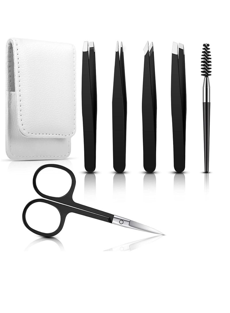 Captaintech 6 Pieces Eyebrow Tweezers Set with Curved Scissors Eyelash Brush Stainless Steel Brow Remover Tools for Women and Girls Hair Plucking Daily Beauty Tool Storage Case (Classic Color) - Image 1