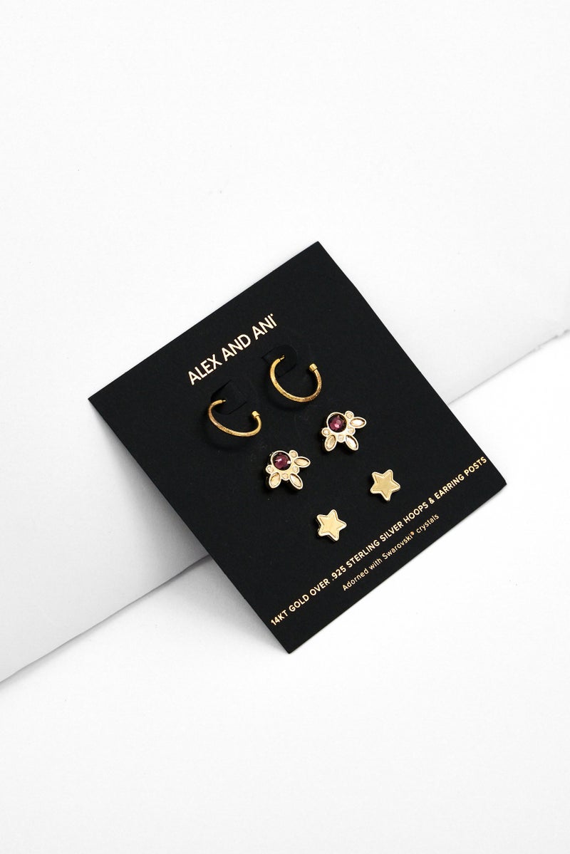 ALEX AND ANI Women 3 Pair Amethyst Hoop and Star Earrings Set, Gold 