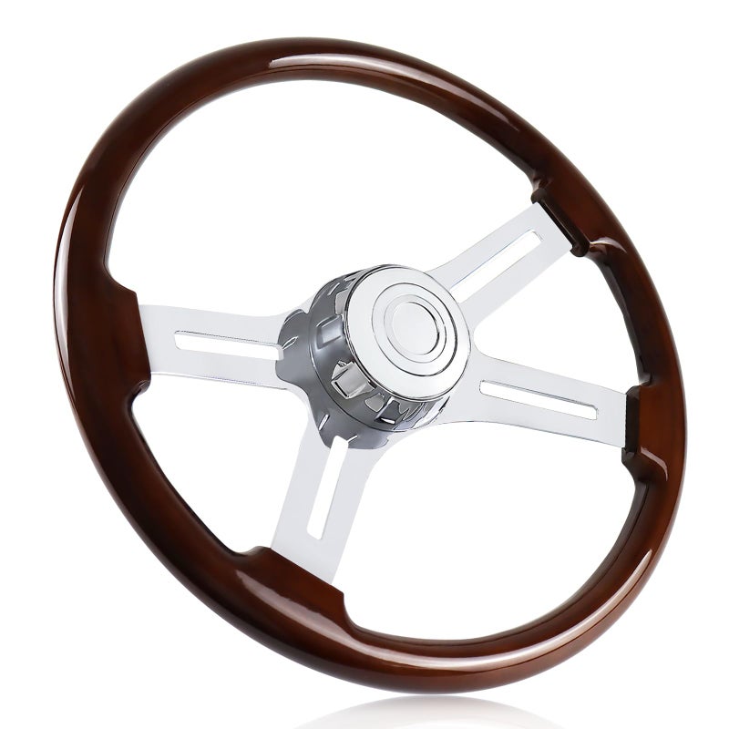 QYMOPAY 18in Wood Truck Steering Wheel, 4 Spoke Aluminum Chrome Plated Steering Wheel for Semi-Trailers, Trucks - Image 1